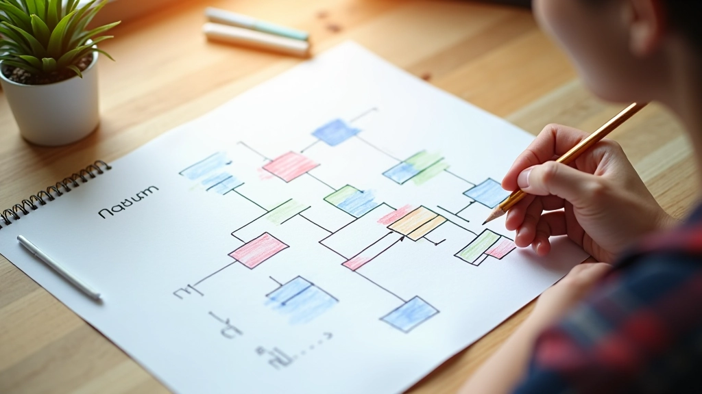 Hierarchinės struktūros diagrama su nurodymais ir kategorijomis braižyta pieštuku