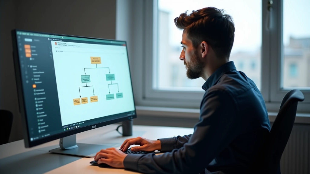 Kompiuterio ekranas su projektavimo programine įranga ir svetainės struktūros diagrama